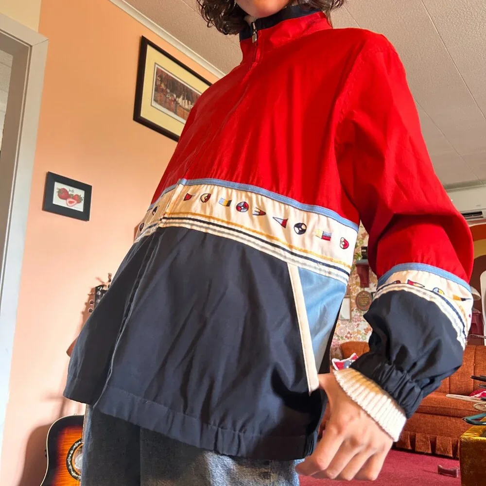 1990s retro color blocked embroidered drop sleeve windbreaker with boat flags - - Picture 8 of 13